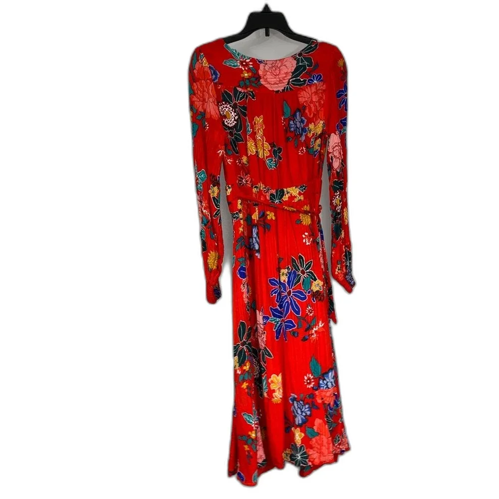 Anthropologie Boswell Textured Wrap Tunic Red Floral Midi Dress Boho 0 Brunch